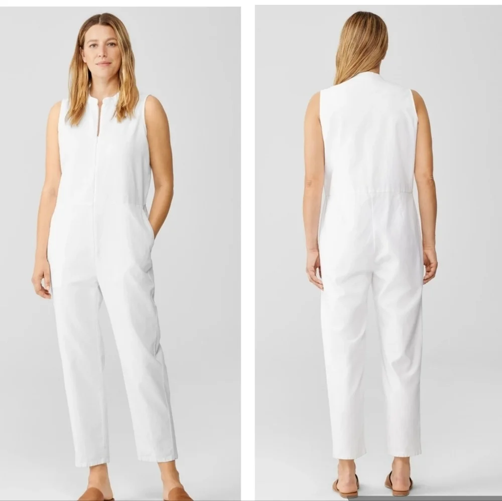 Eileen Fisher Cotton Hemp Stretch Jumpsuit ankle length white XS - Picture 1 of 13